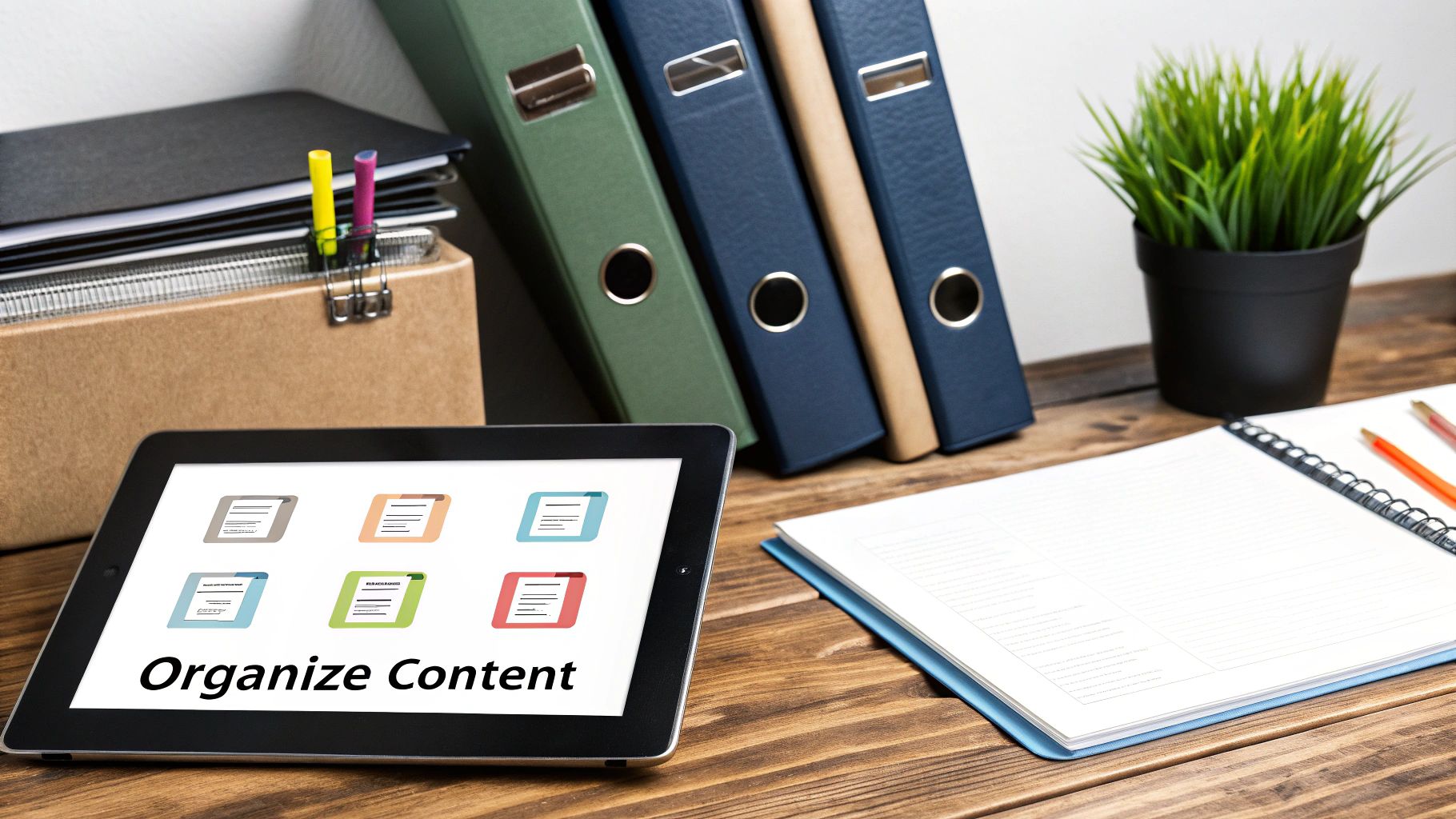 Digital content organization on a tablet with physical binders and office supplies on a wooden desk.