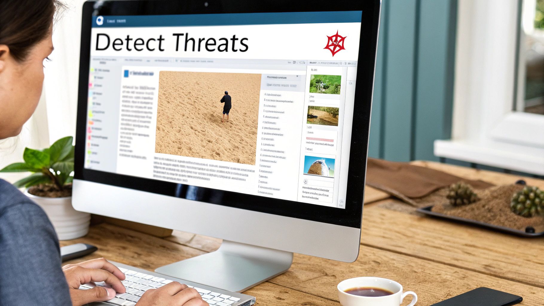 A person intently views a computer screen displaying a webpage titled 'Detect Threats', emphasizing cybersecurity.