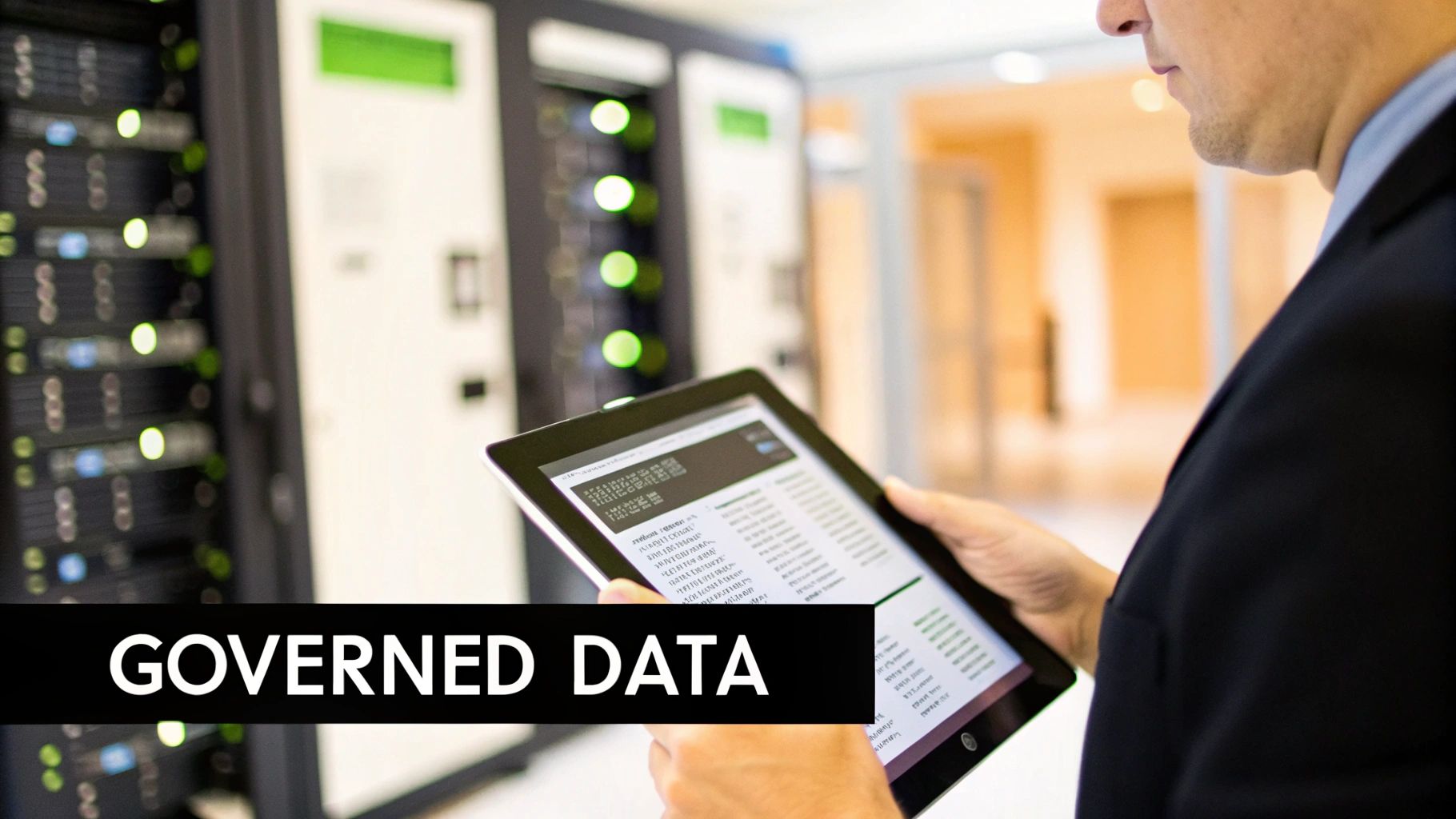 A man in a suit holds a tablet displaying data within a server room filled with glowing lights.