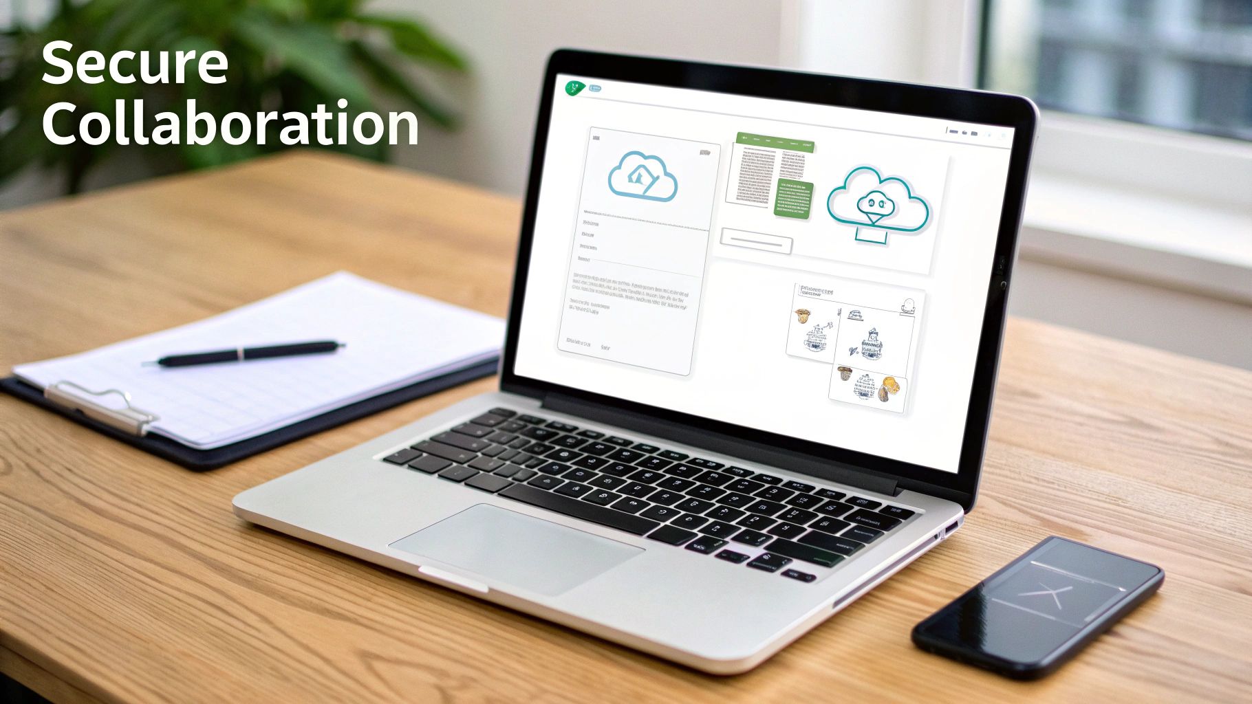 A laptop on a wooden desk displaying secure cloud collaboration software, with a clipboard and smartphone.