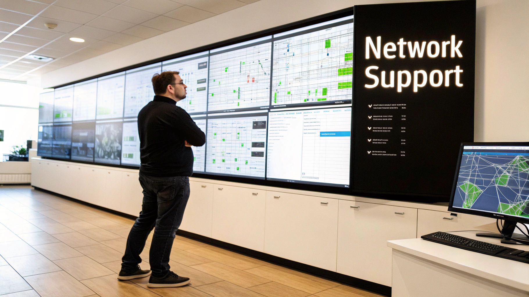 A man observes a large video wall displaying network operations data in a support center.