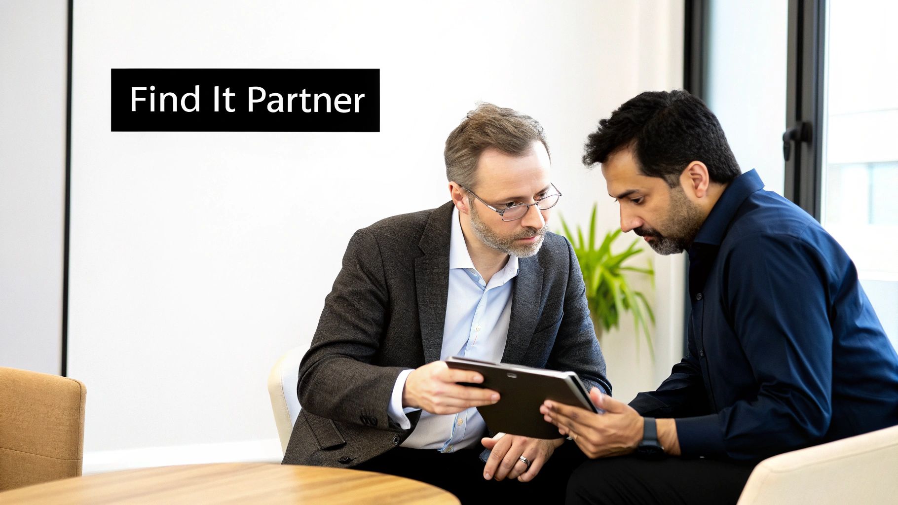 Two business partners collaborating and discussing ideas while looking at a digital tablet.