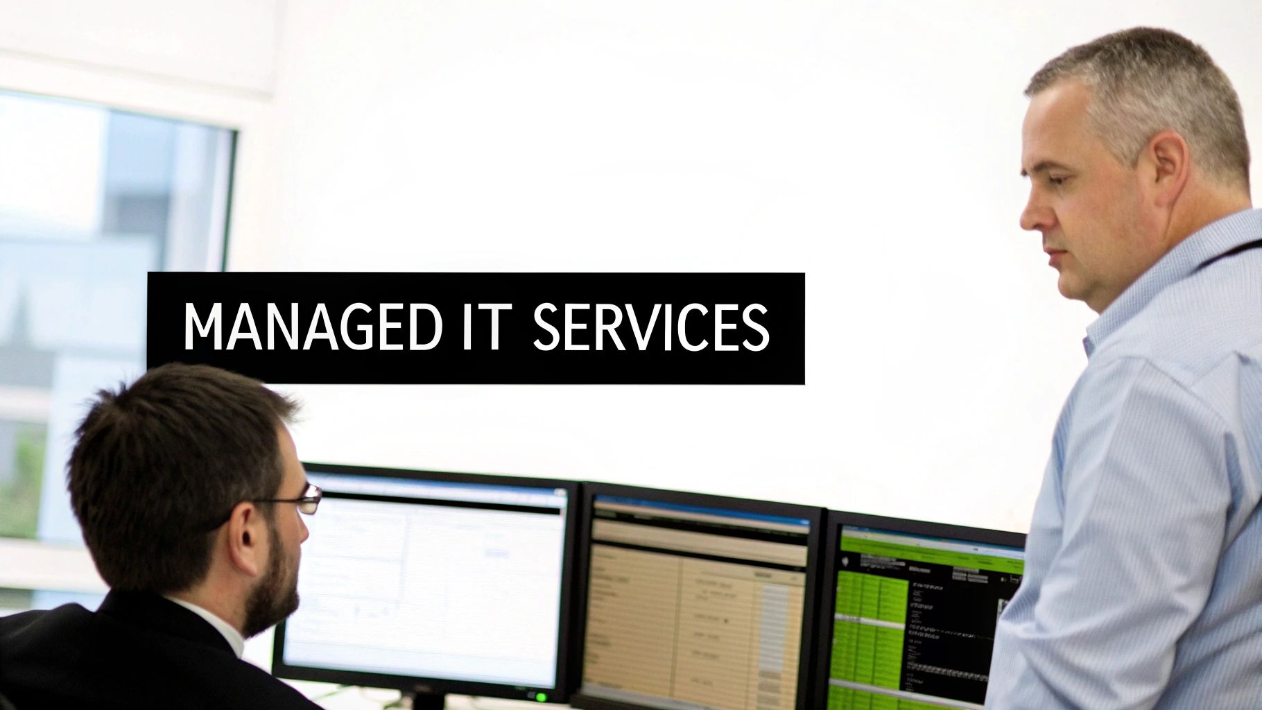 Two IT professionals collaborate in an office, one looking at multiple computer monitors, highlighting managed IT services.