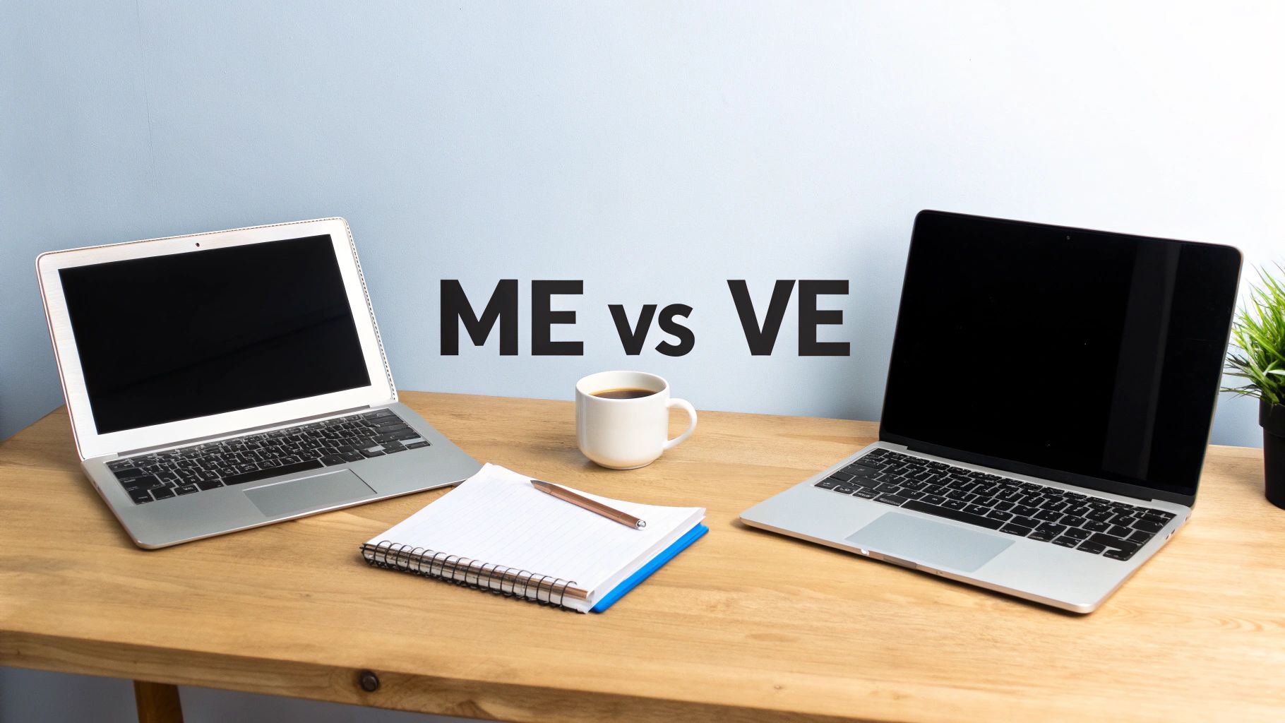 Two laptops, a coffee mug, and a notebook on a wooden desk with 'ME vs VE' text.
