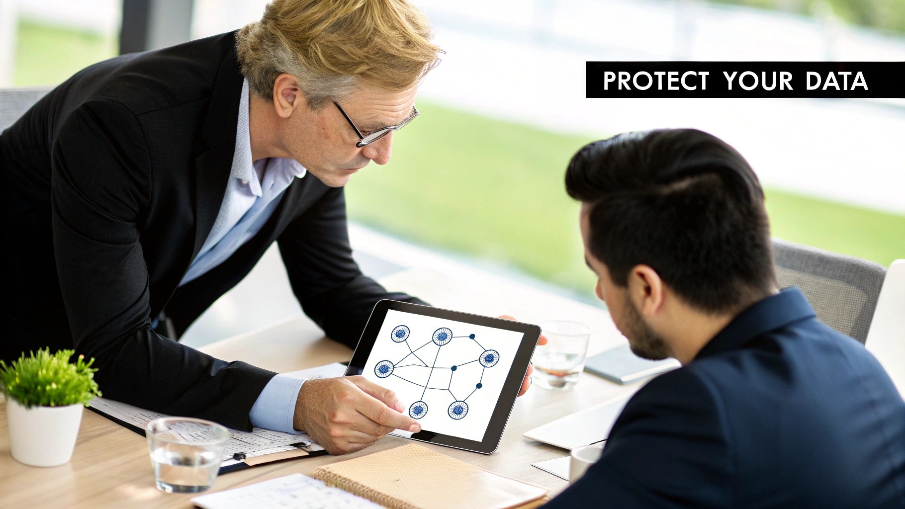 Two businessmen discussing data protection, pointing at a network diagram on a tablet in an office.