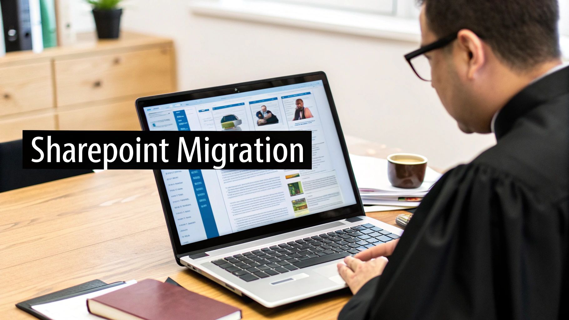 An individual in a black robe intently works on a laptop, displaying 'Sharepoint Migration' on the screen.