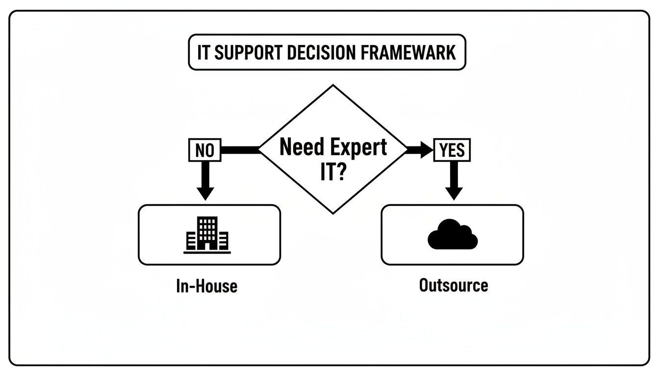 A flowchart outlining the decision process for IT support, choosing between in-house or outsourcing.