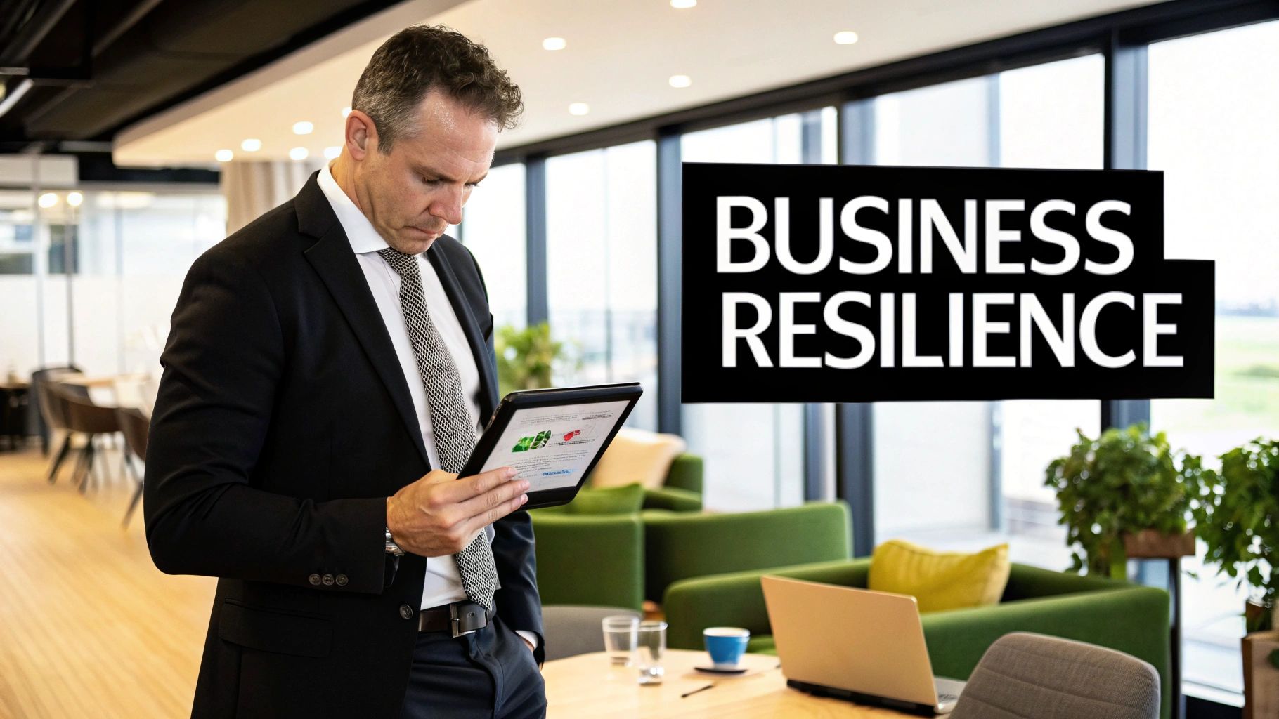 A businessman in a suit intently views a tablet with charts in a modern office lounge.