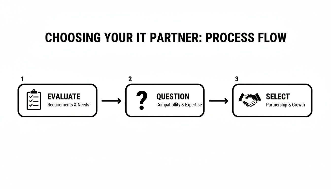 A process flow diagram outlining three key steps for choosing an IT partner: evaluate, question, and select.