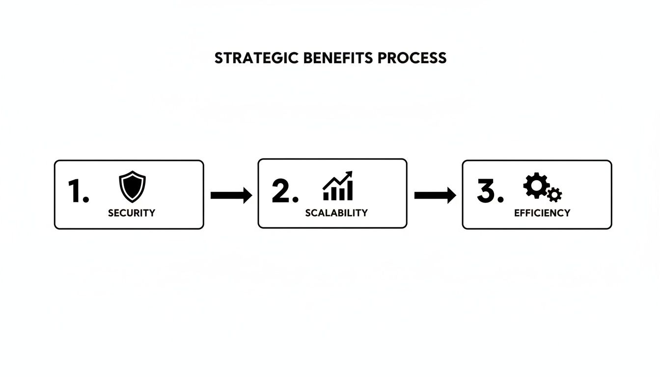 Strategic benefits process illustrating three key steps: Security, Scalability, and Efficiency, with relevant icons.