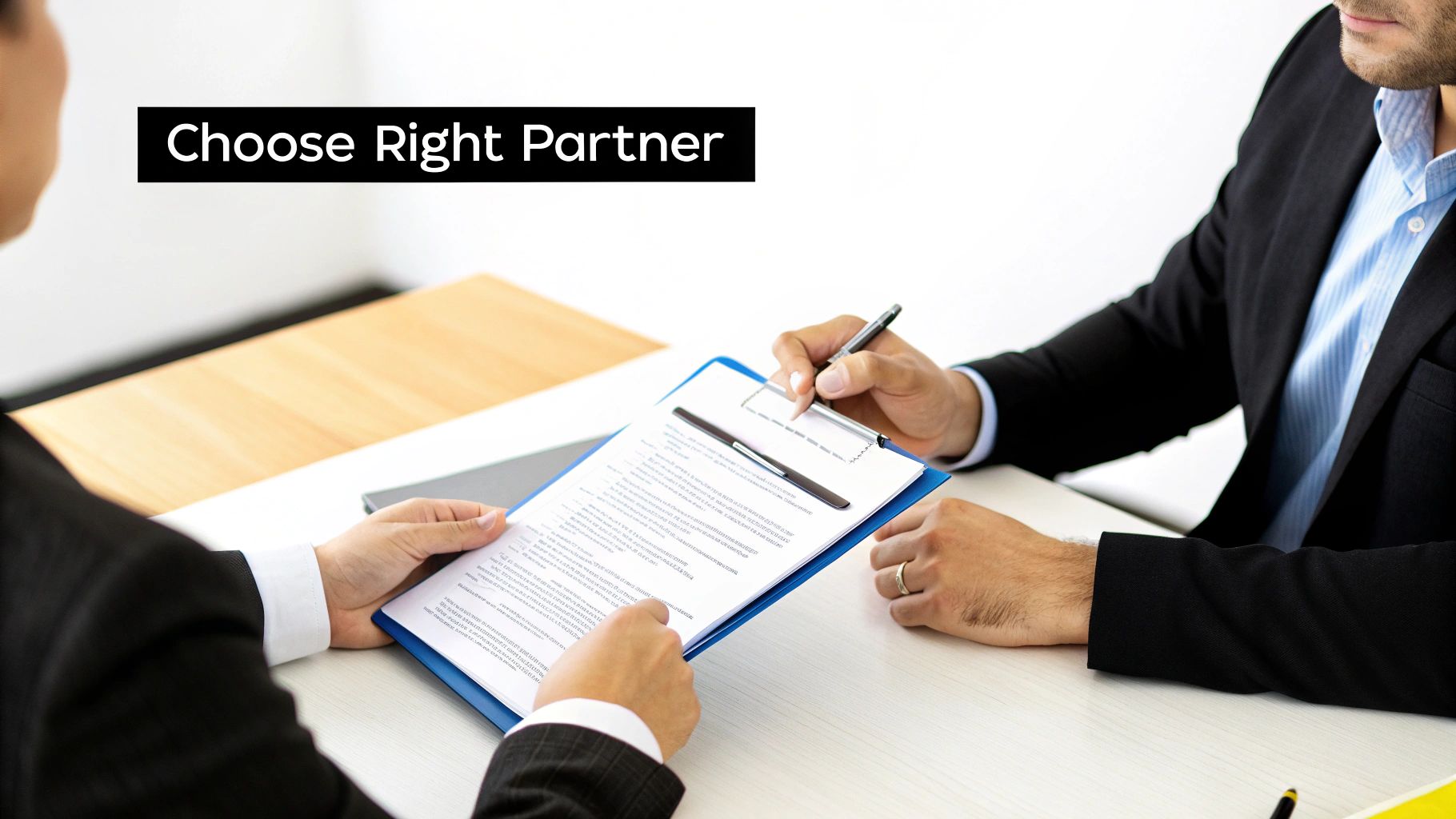 Two business people in suits reviewing a document on a clipboard during a meeting.