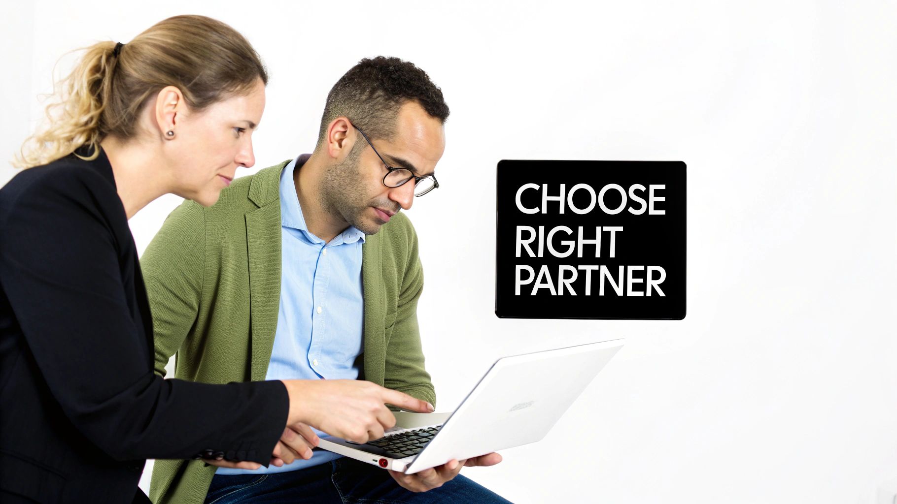 Two business partners, a man and a woman, collaborating on a laptop, highlighting choosing the right partner.