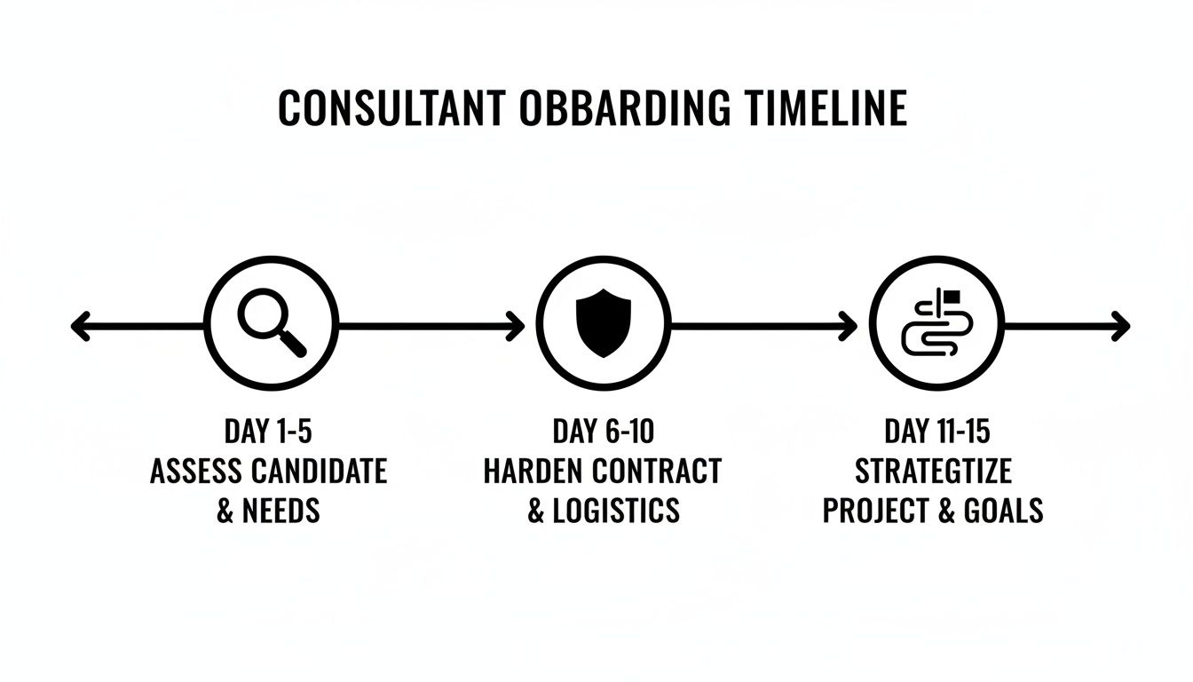 A consultant onboarding timeline showing three phases: assessment, contract hardening, and project strategy over 15 days.