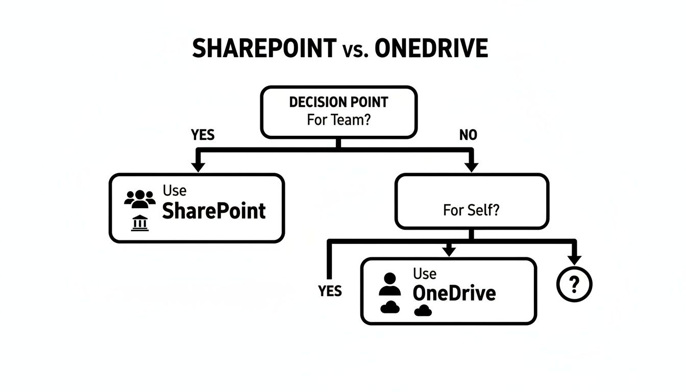 Decision tree flowchart comparing SharePoint for team collaboration and OneDrive for personal file storage.