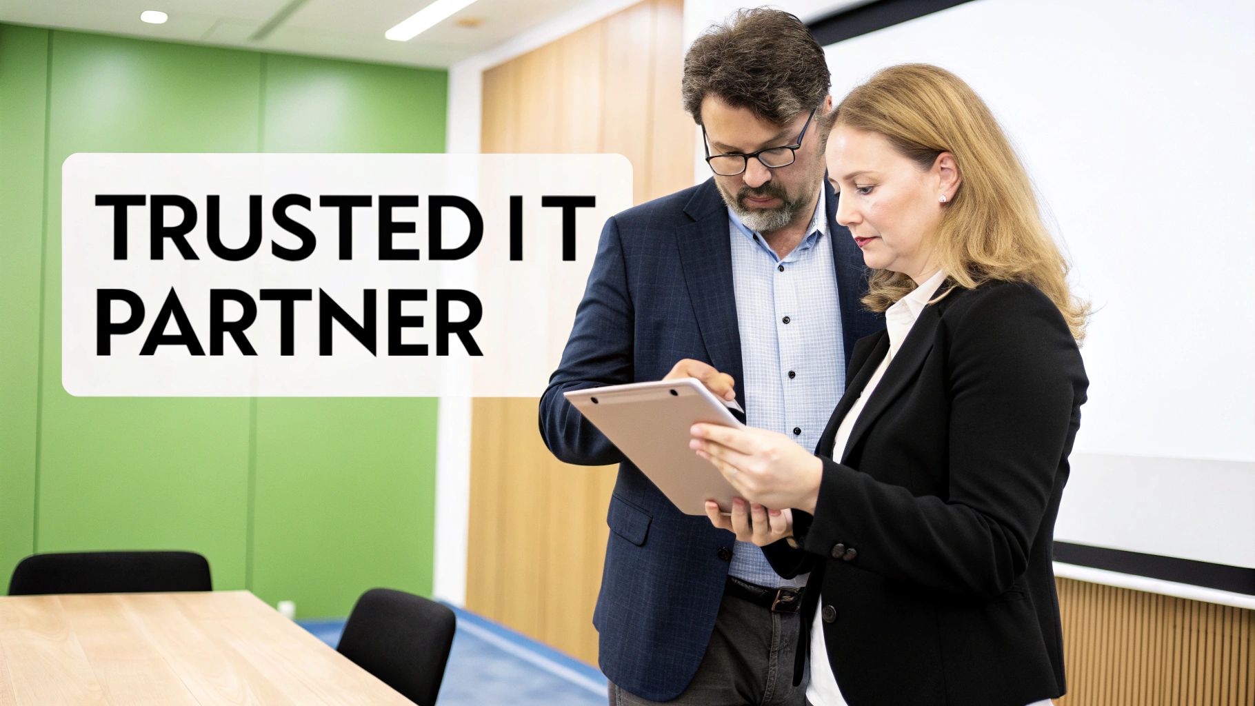 Two business professionals, a man and a woman, collaborate on a tablet in an office, with 'TRUSTED IT PARTNER' text overlay.