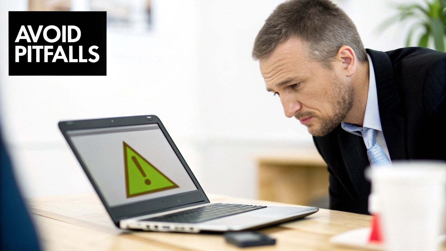 Concerned businessman looks at a laptop displaying a warning sign, emphasizing 'AVOID PITFALLS'.
