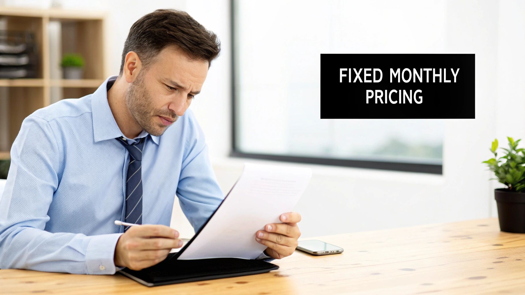 A man in a blue shirt and tie intently reviews documents on a wooden desk, next to a 'Fixed Monthly Pricing' sign.