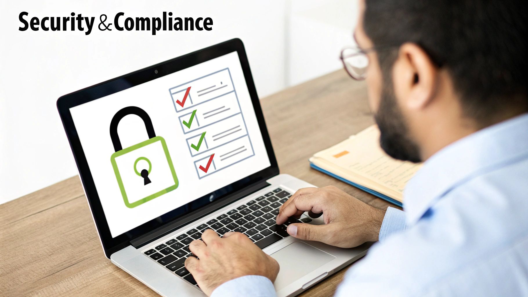 A man uses a laptop displaying a green padlock and compliance checklist with 'Security & Compliance' text.