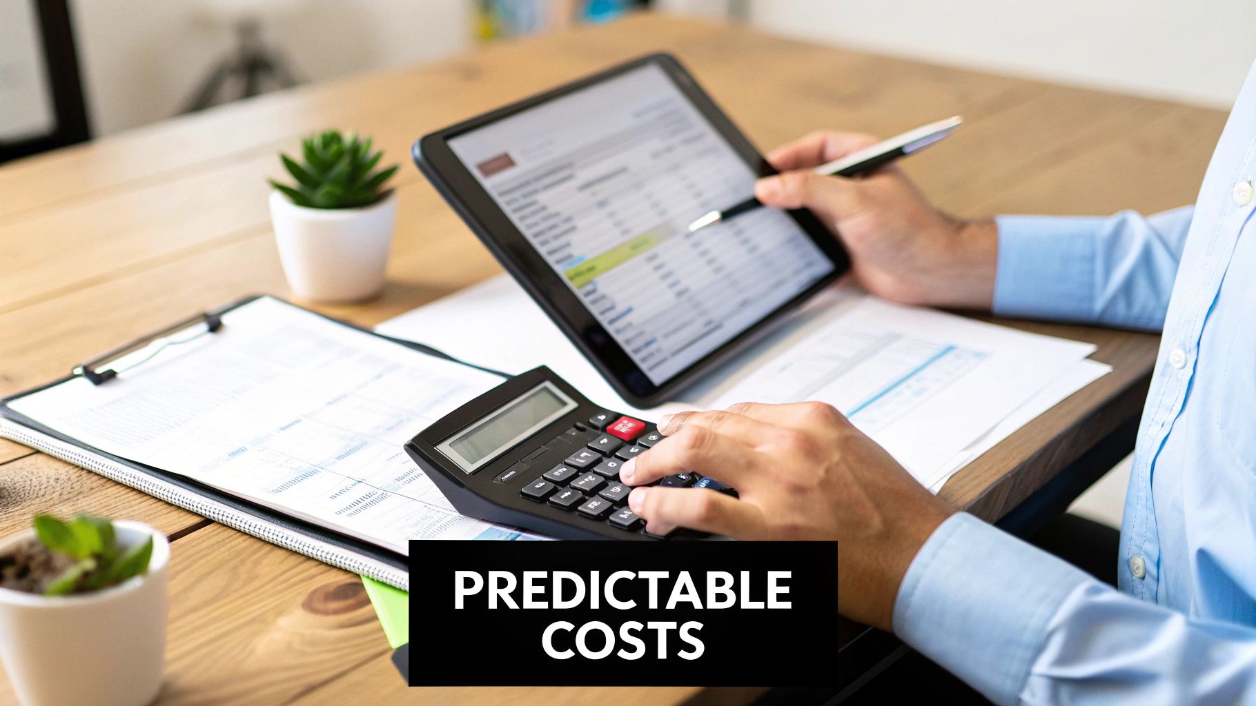 Person calculating predictable costs using a calculator and tablet on a wooden desk with papers.