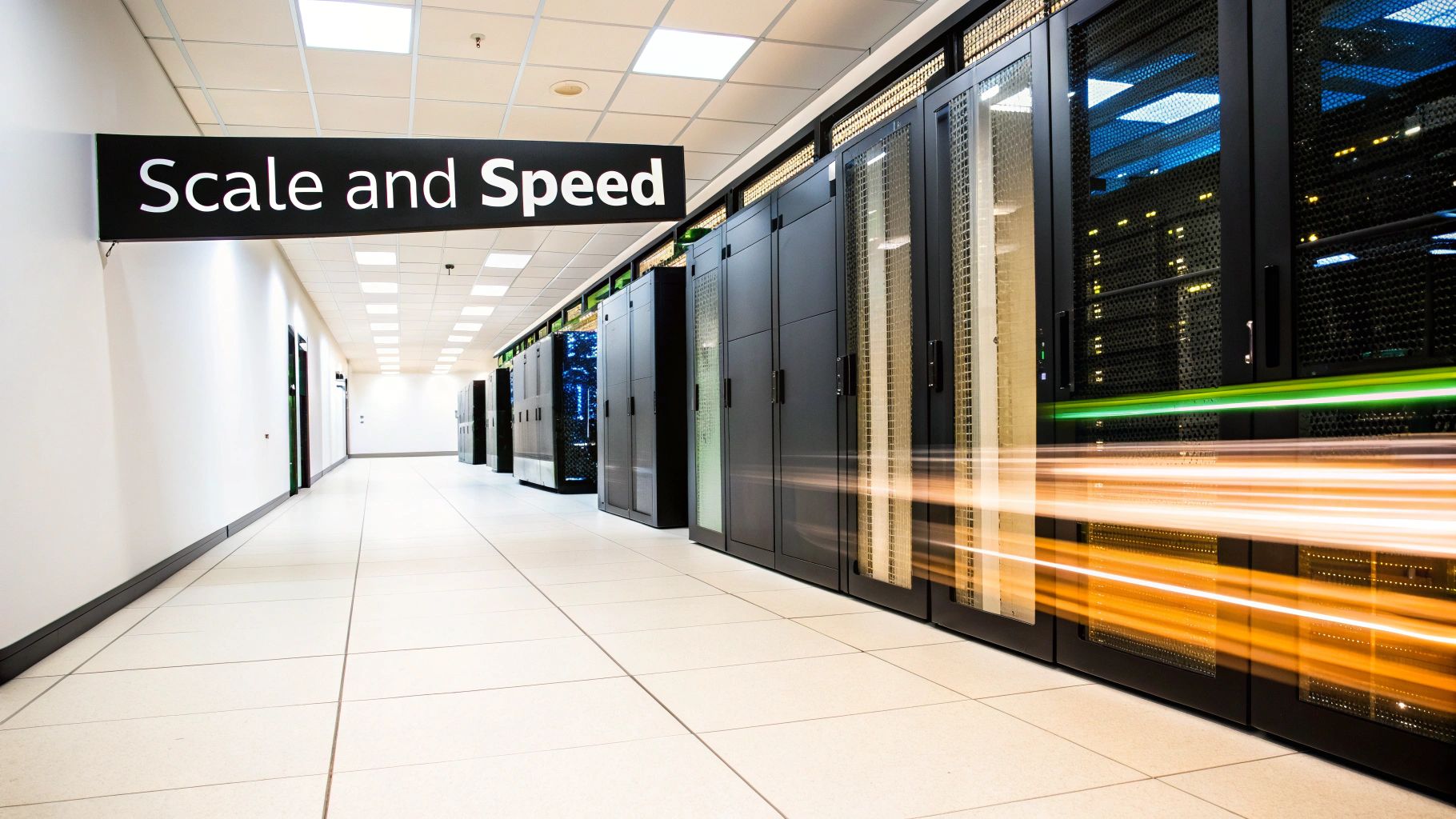 A long data center hallway with server racks, a 'Scale and Speed' sign, and light trails.