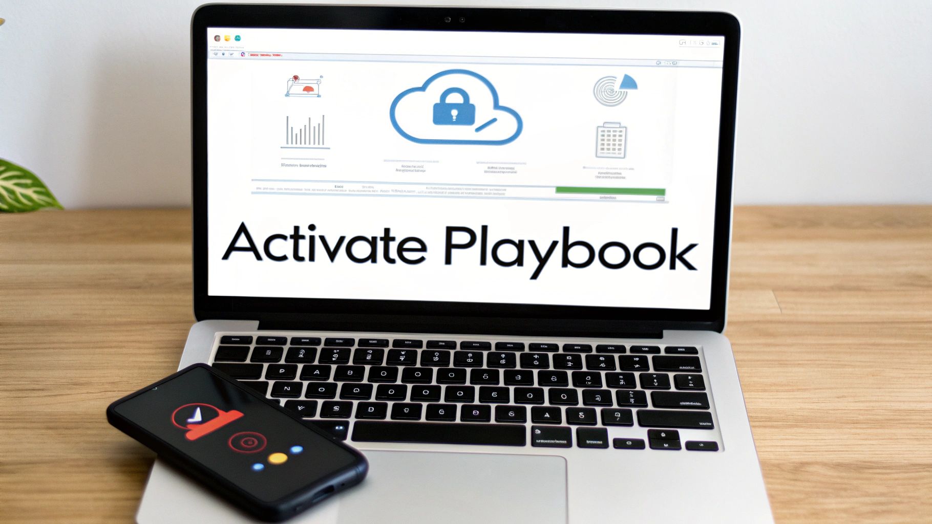 A laptop screen displays 'Activate Playbook' with cloud security icons, next to a smartphone on a wooden desk.
