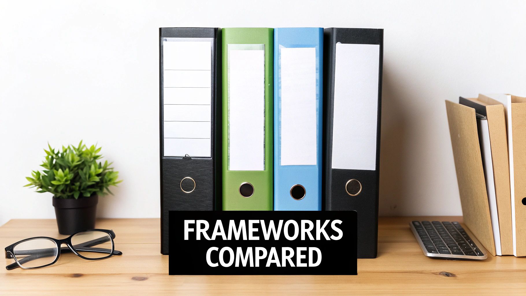 A desk with four colorful office binders, eyeglasses, a plant, and a sign 'FRAMEWORKS COMPARED'.