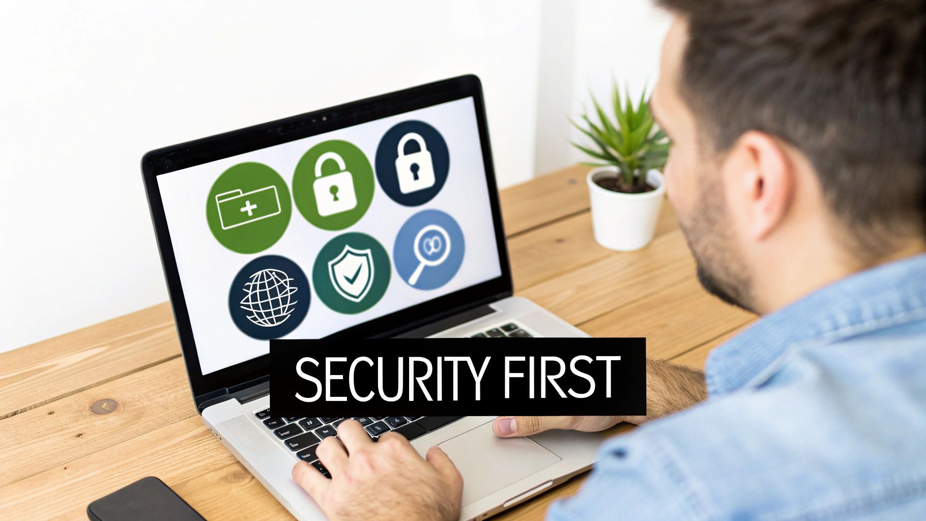 A man working on a laptop displaying security and data protection icons with "SECURITY FIRST" text.
