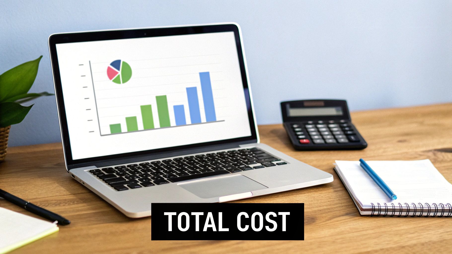 A laptop displaying financial charts, a calculator, and notebooks on a wooden desk with "TOTAL COST" text overlay.