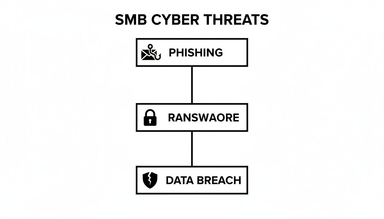 A flowchart outlining common SMB cyber threats including phishing, ransomware, and data breaches.