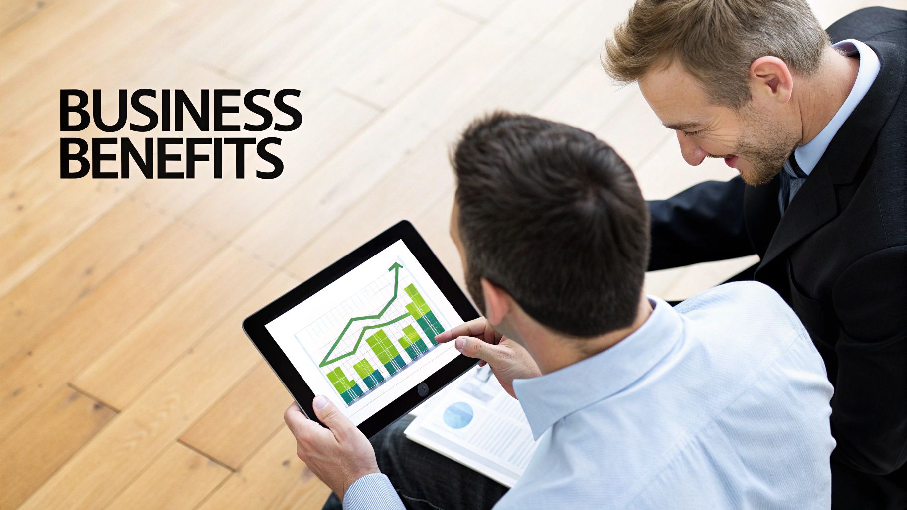 Two smiling businessmen collaboratively review a digital tablet displaying an upward trending graph, highlighting business benefits.