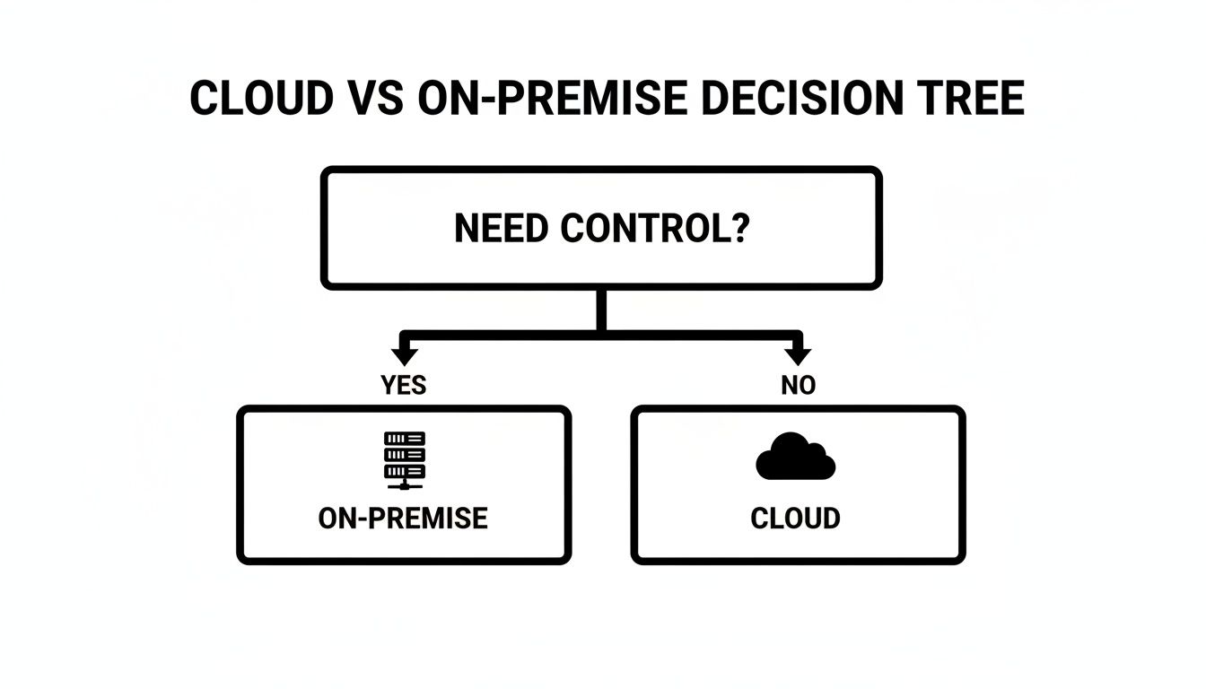 A decision tree comparing cloud vs on-premise solutions based on the need for control.