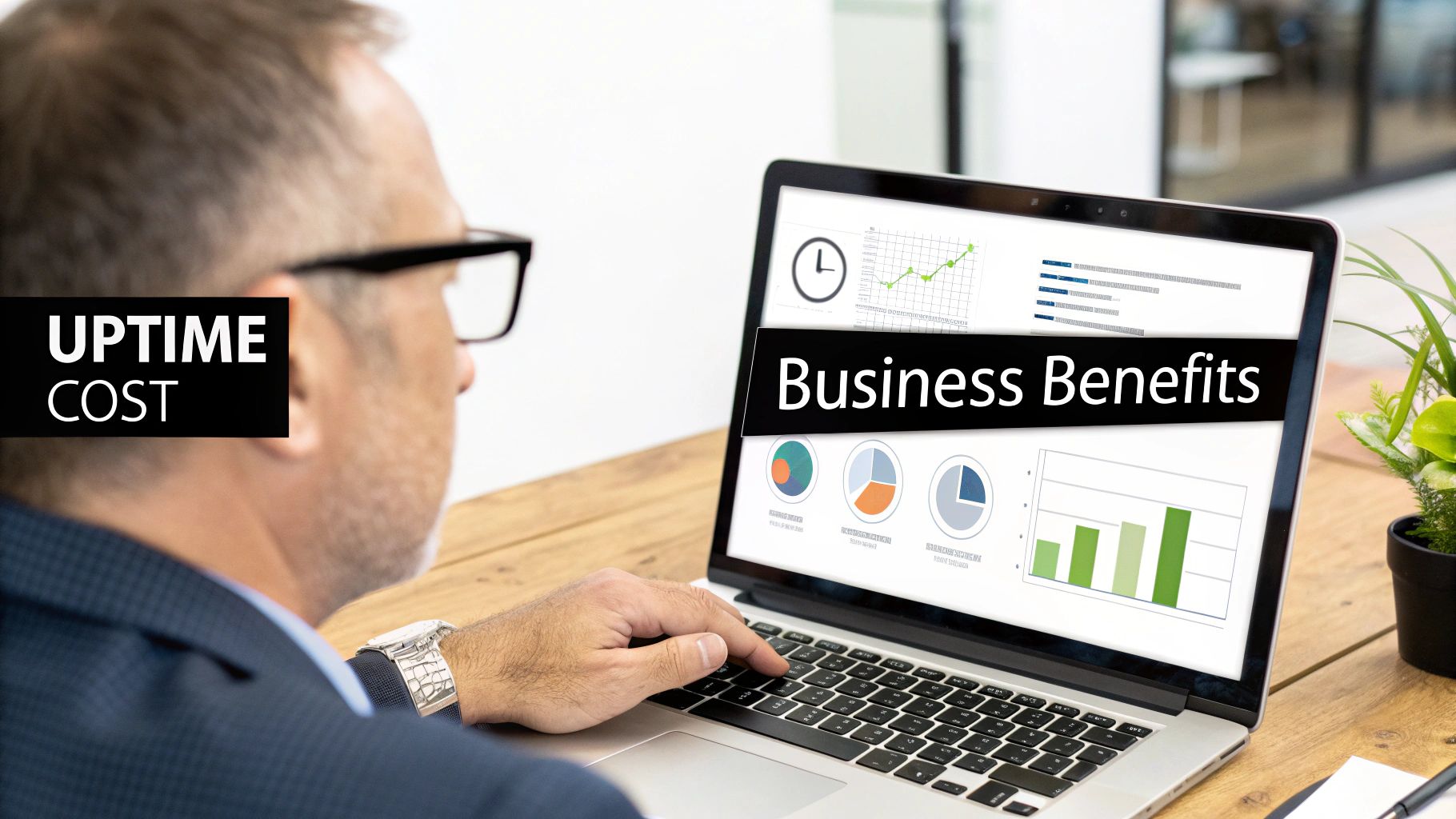 A man in glasses looking at a laptop showing business charts, "Uptime Cost" and "Business Benefits".