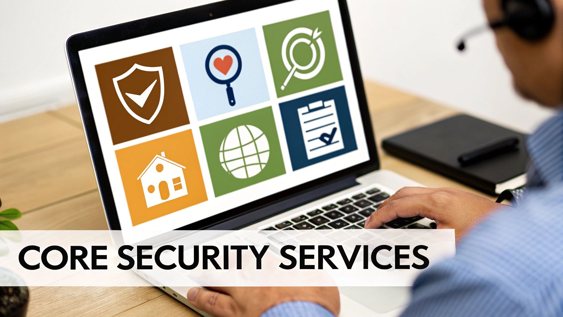 A person with a headset uses a laptop displaying various security service icons and 'CORE SECURITY SERVICES' text.