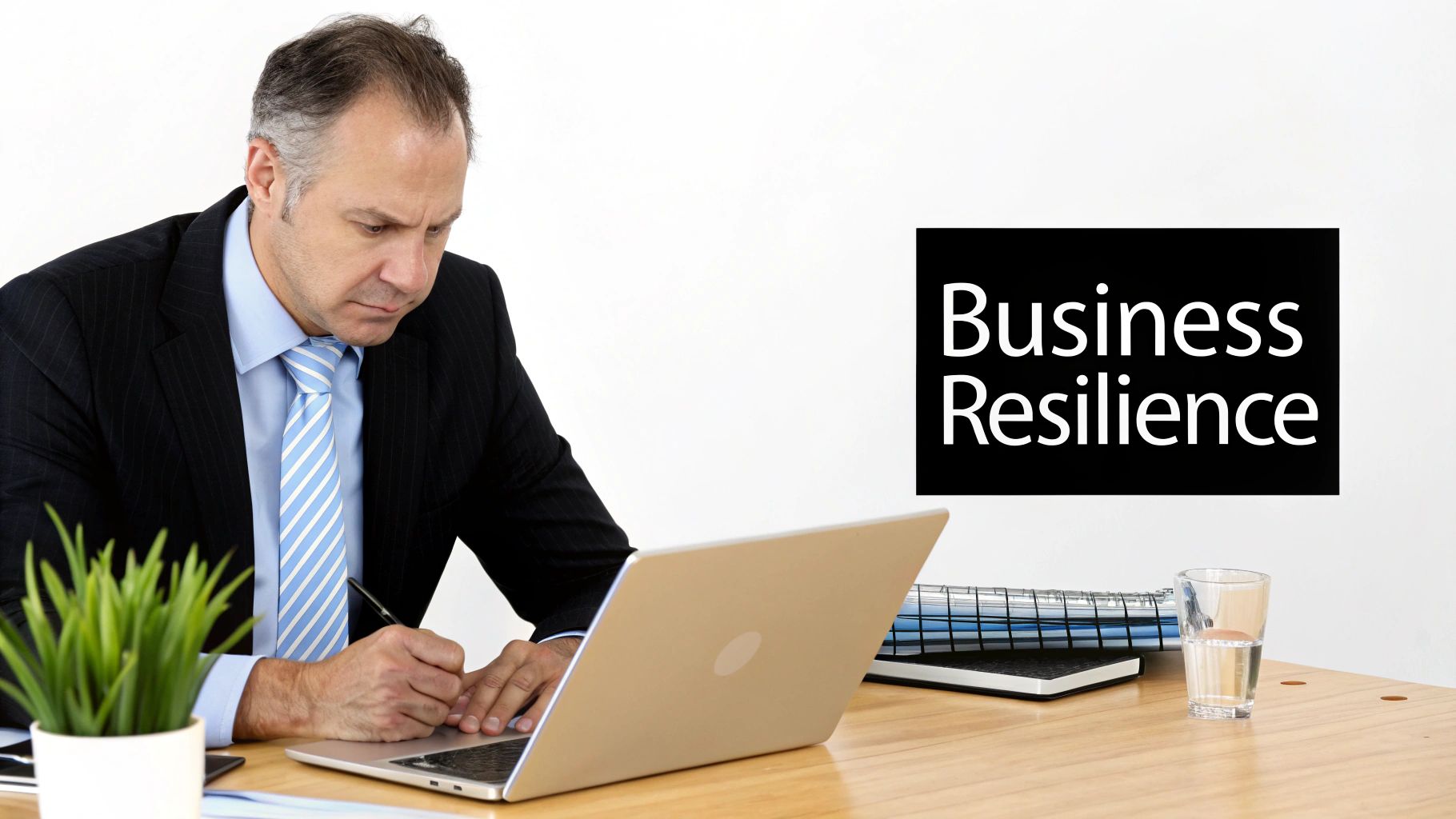A businessman intently writing notes while working on a laptop, with 'Business Resilience' on the wall.