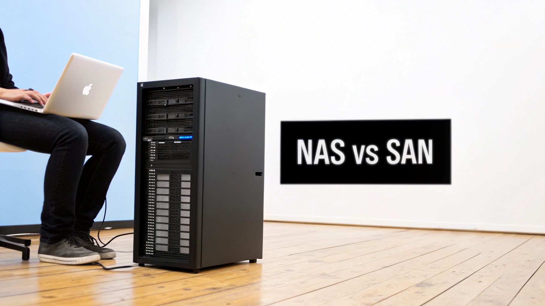 A person works on a laptop next to a large server rack, with 'NAS vs SAN' text on a white wall.