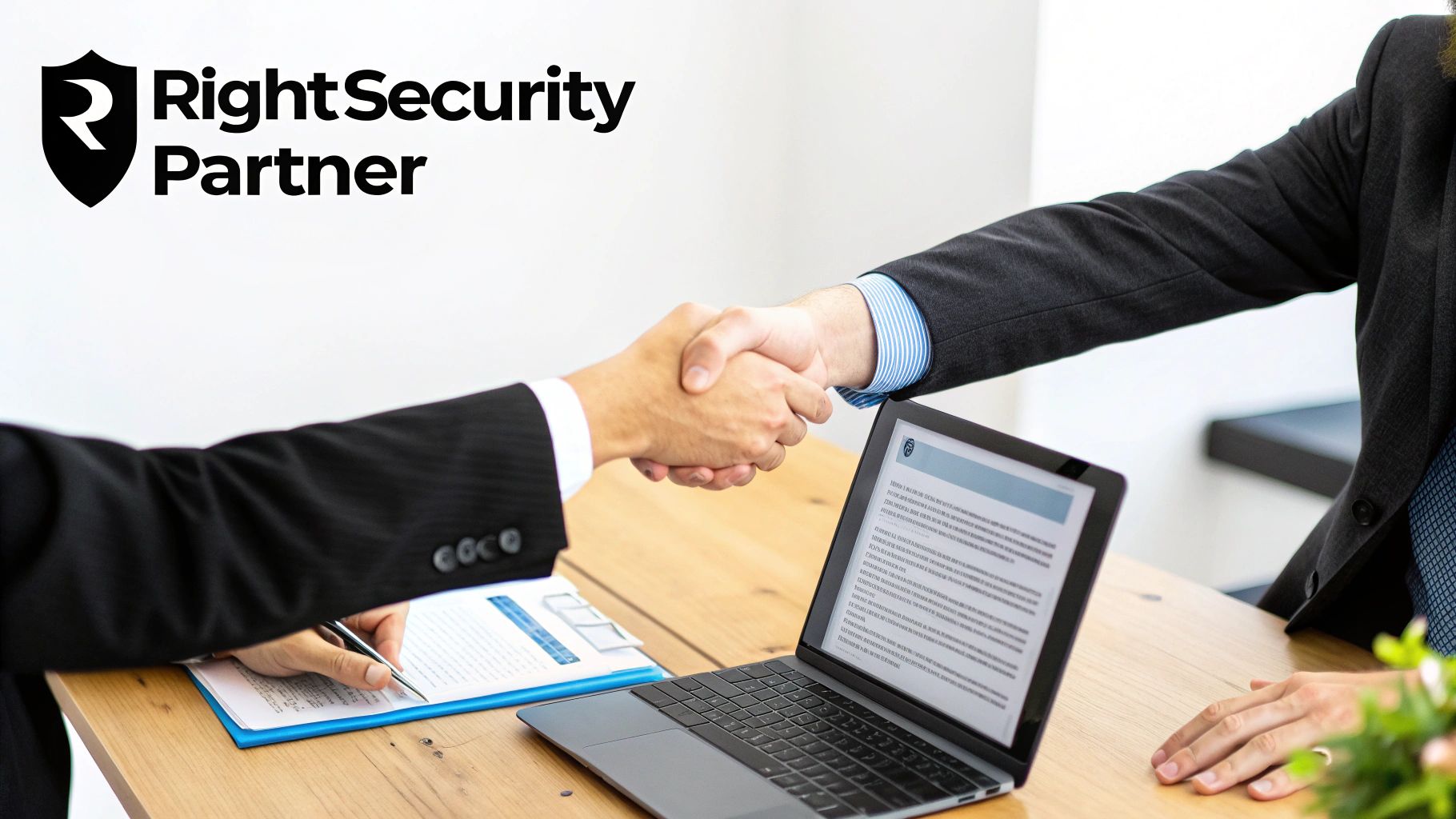 Two business professionals shake hands over a signed document and laptop, symbolizing a new partnership.