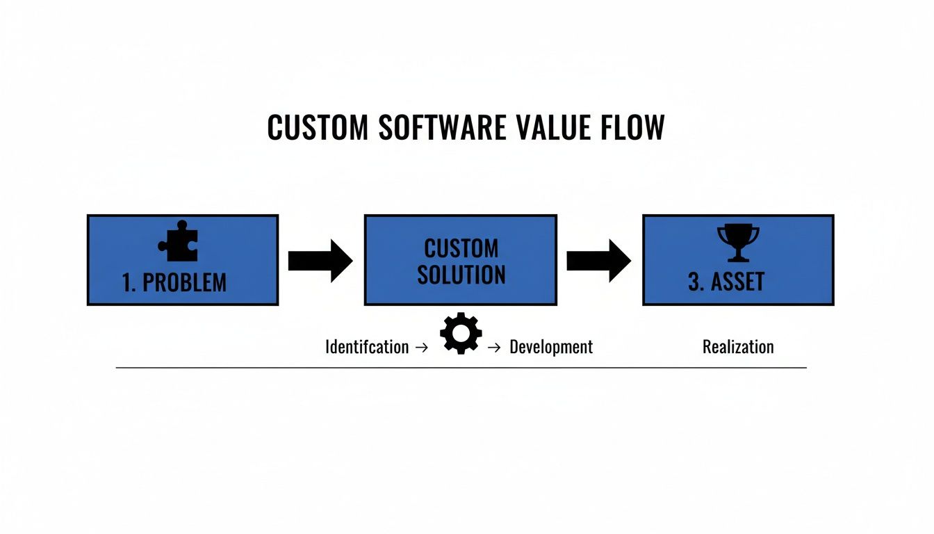 Diagram illustrating the custom software value flow from identifying problems to developing solutions and realizing assets.