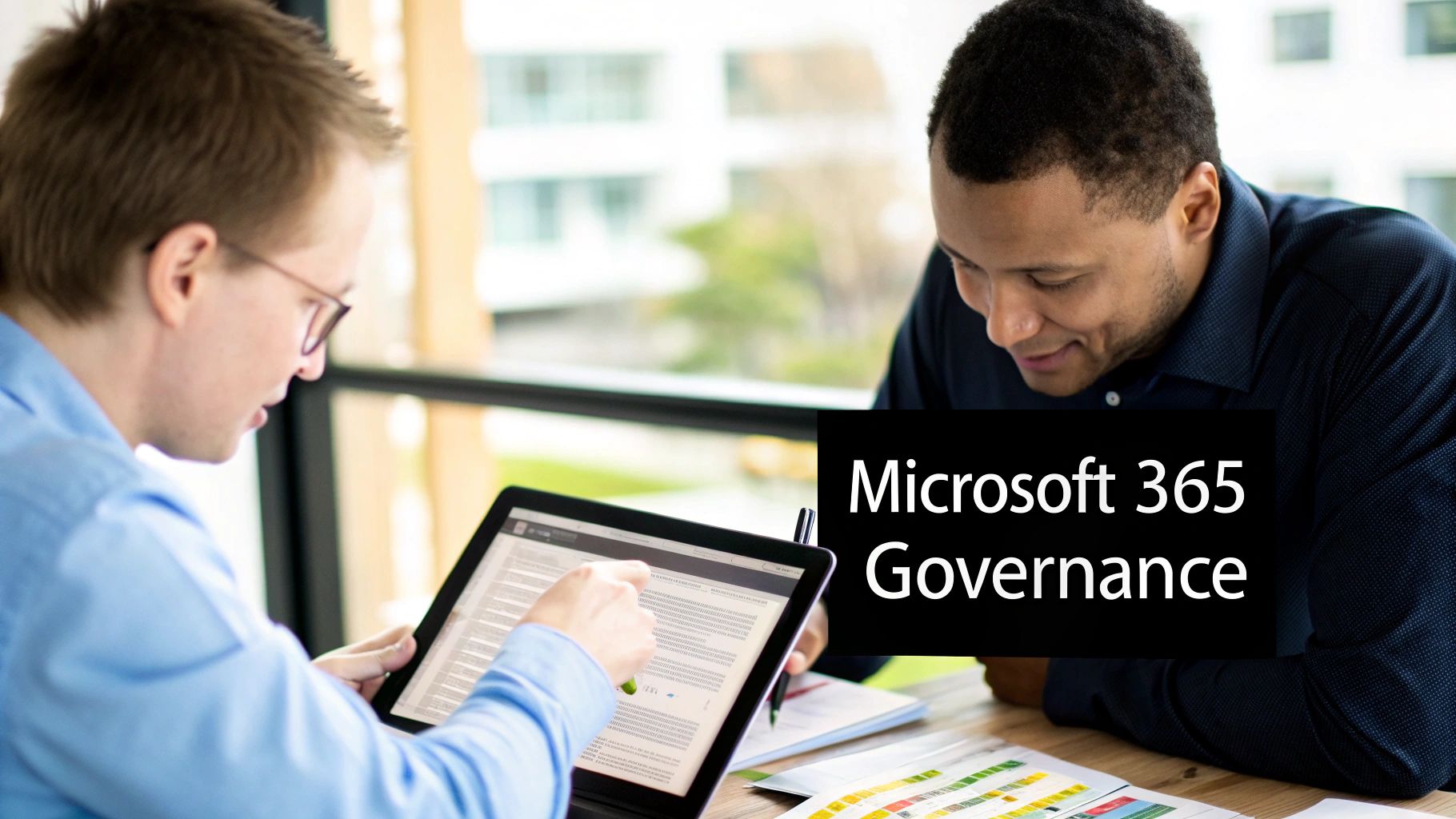Two business professionals collaborating, reviewing Microsoft 365 Governance information on a tablet in an office.