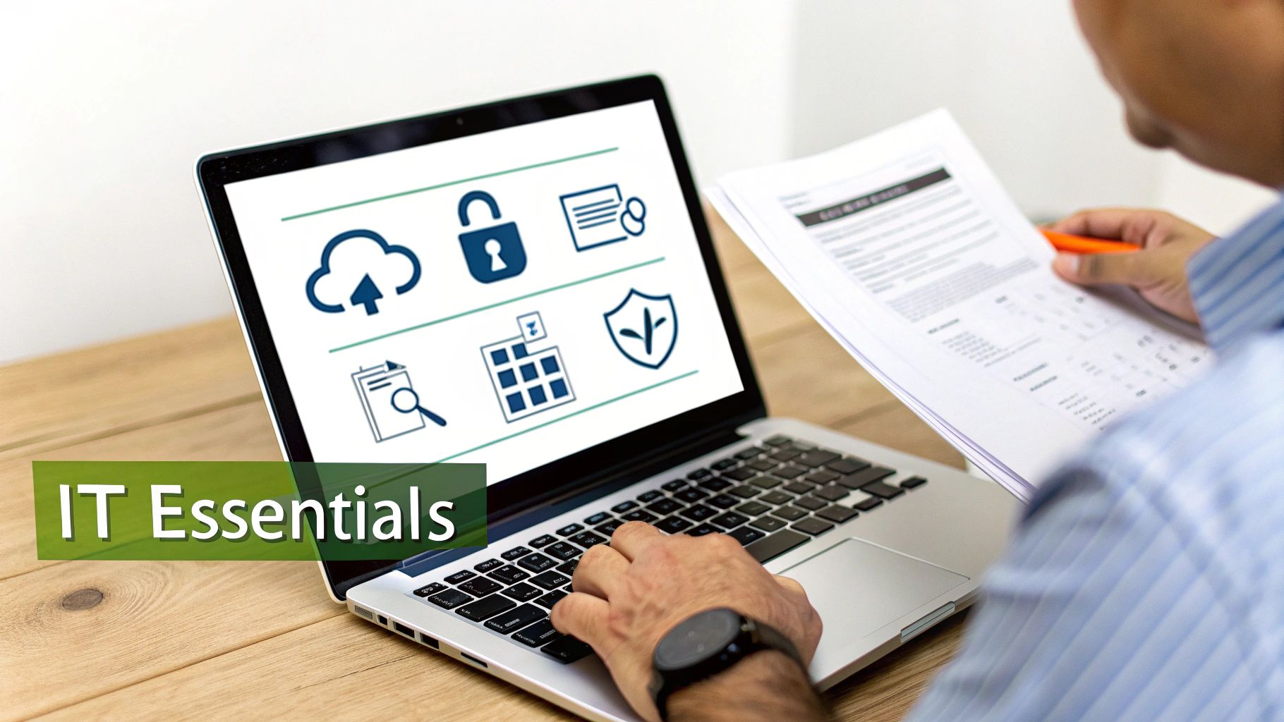 A person working on a laptop displaying various IT essentials icons while holding documents and a pen.