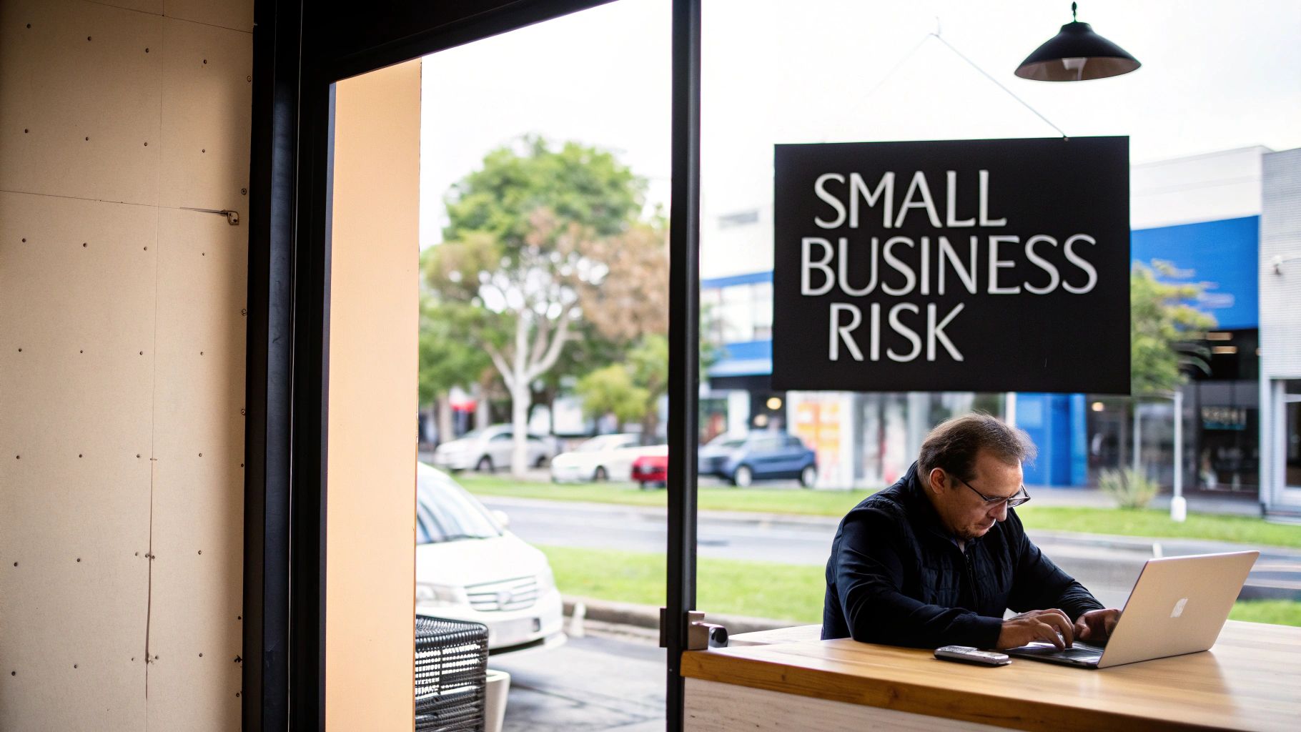 A man in glasses works on a laptop at a counter, with a 'SMALL BUSINESS RISK' sign hanging overhead.