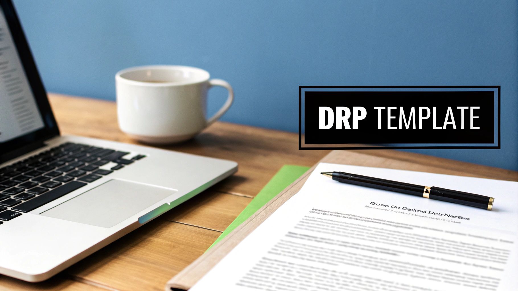 A modern workspace with a laptop, a cup of coffee, and documents with a pen, featuring 'DRP TEMPLATE' text.