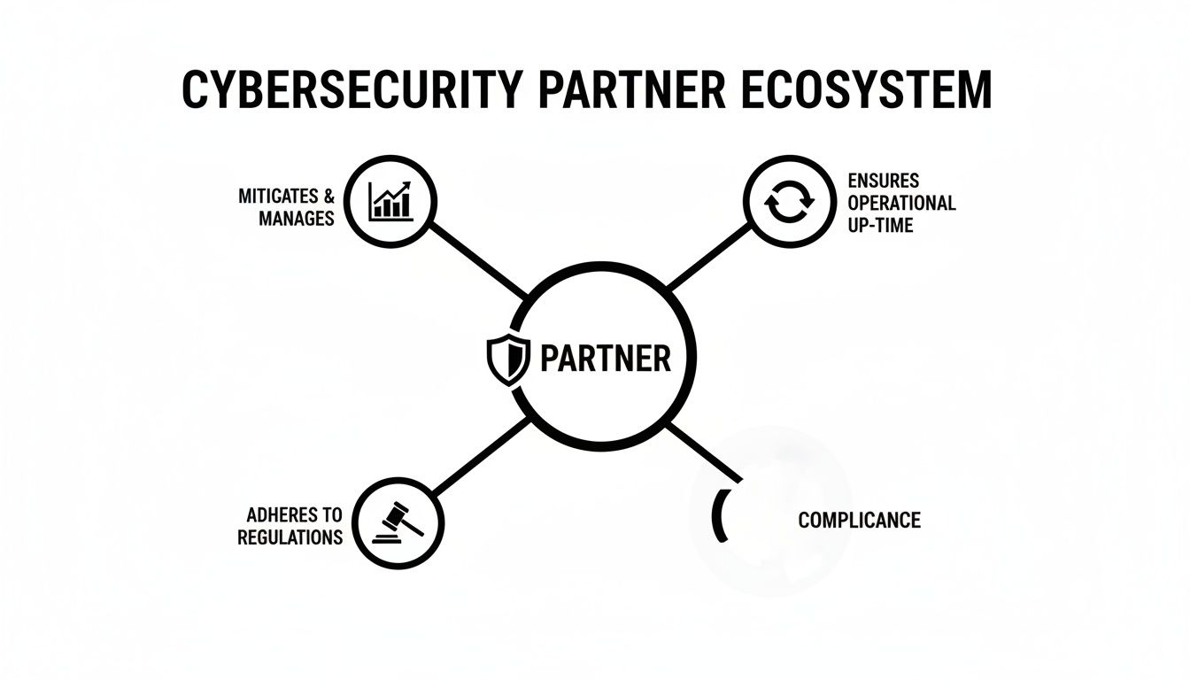 A diagram illustrating the cybersecurity partner ecosystem, highlighting how partners mitigate risks, ensure uptime, adhere to regulations, and provide compliance.