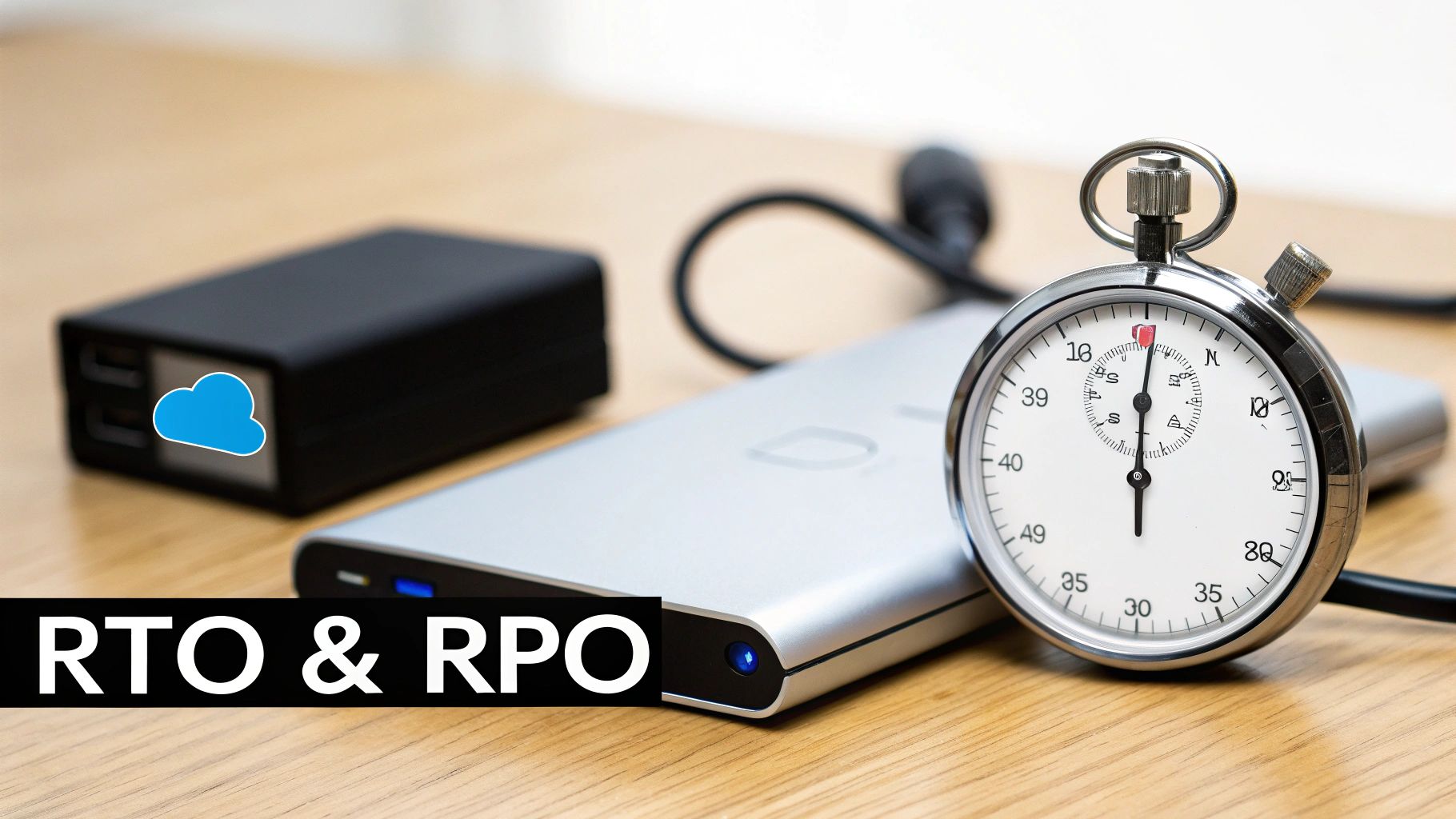Cloud-enabled backup devices and a stopwatch illustrate RTO and RPO for data recovery planning.