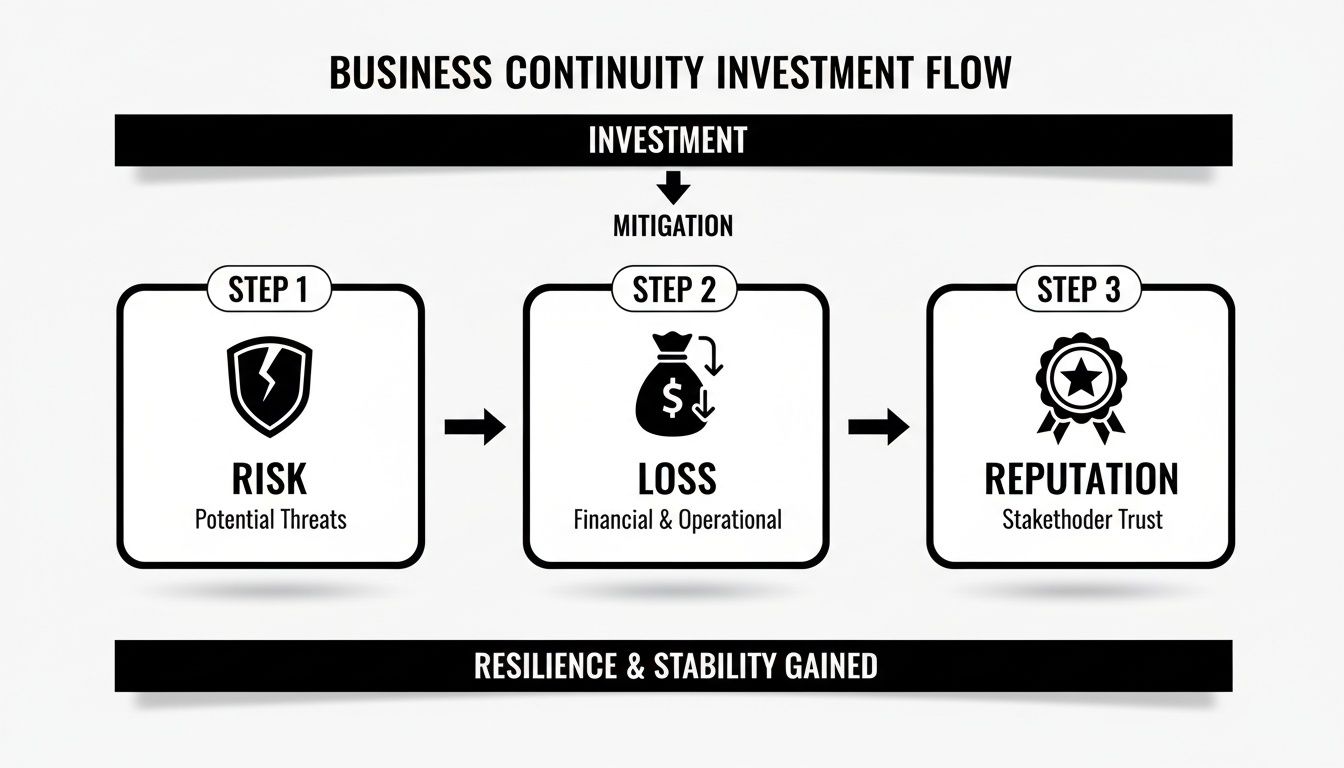 Diagram illustrating business continuity investment flow, showing steps from risk, loss mitigation to gaining resilience.