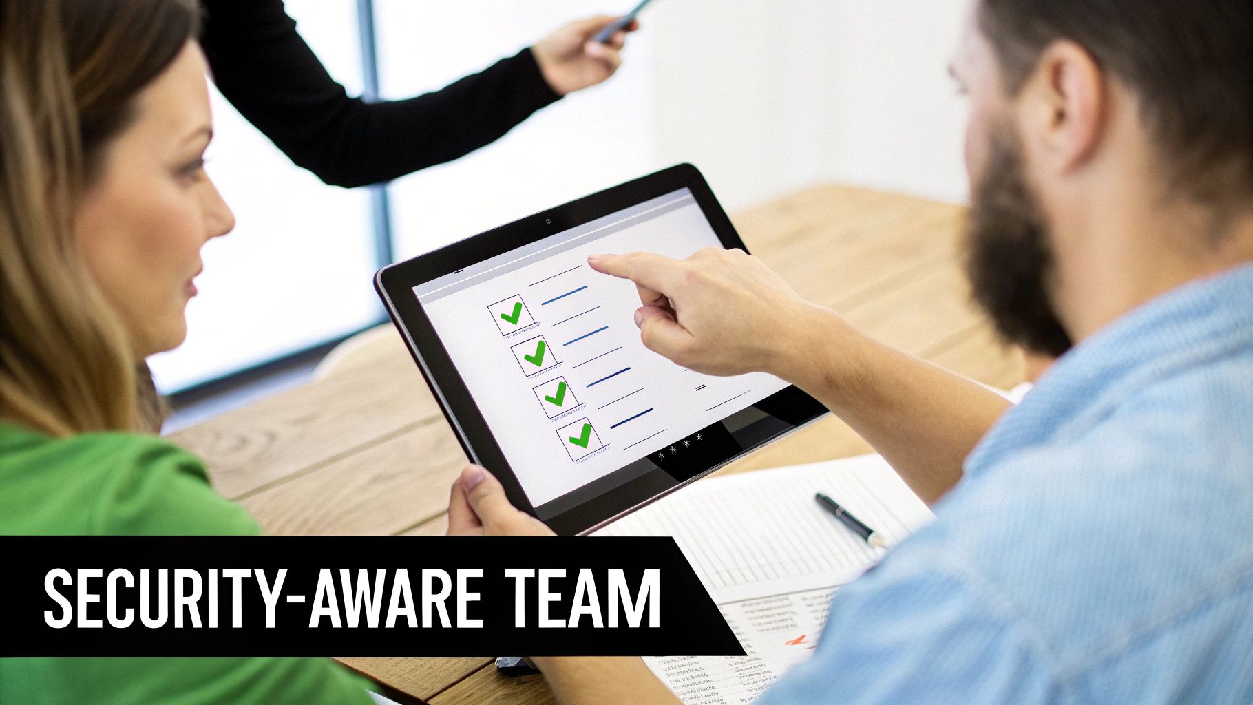 A security-aware team reviews a digital checklist with green checkmarks on a tablet, focusing on compliance.