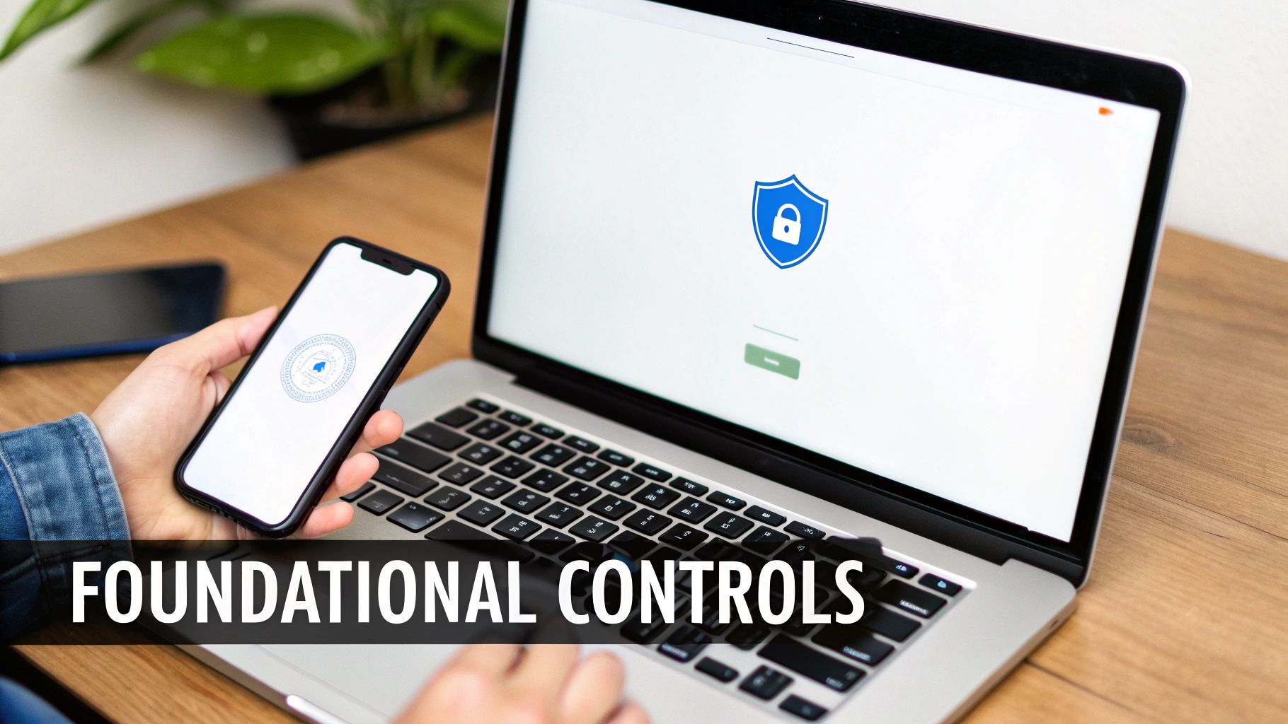 Hands using a smartphone and laptop with a security shield icon and 'FOUNDATIONAL CONTROLS' text.