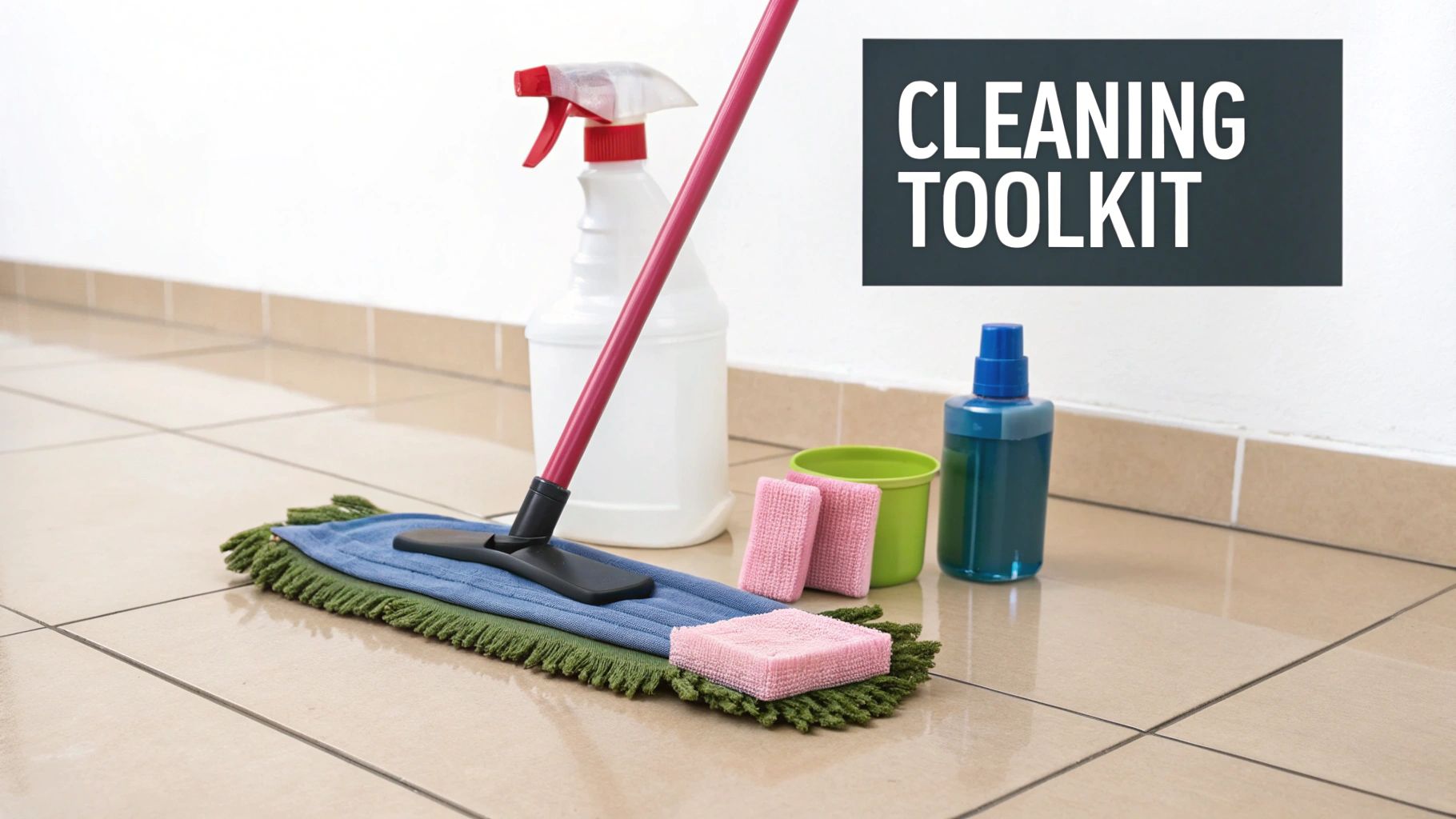 A collection of cleaning tools including a mop, spray bottle, and sponges on a tiled floor.