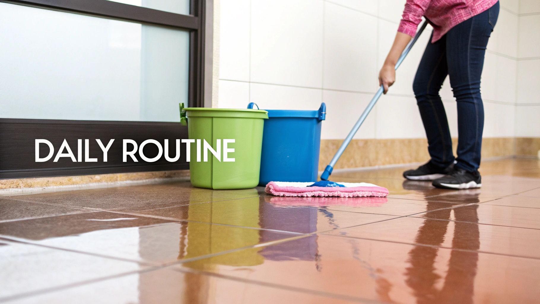 A person cleans a glossy brown tiled floor with a mop, buckets nearby, and 