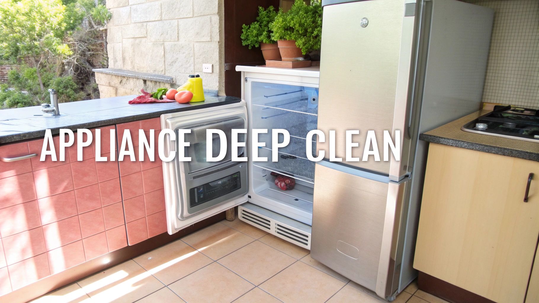 An outdoor kitchen area with an open freezer and a large refrigerator, ready for deep cleaning.
