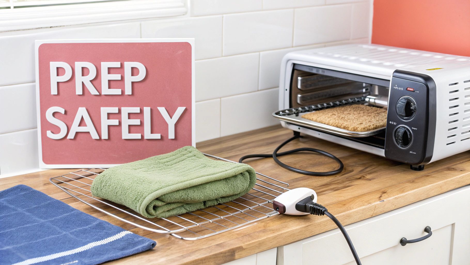 A white toaster oven on a wooden kitchen counter with a 'PREP SAFELY' sign, a cooling rack, and towels.